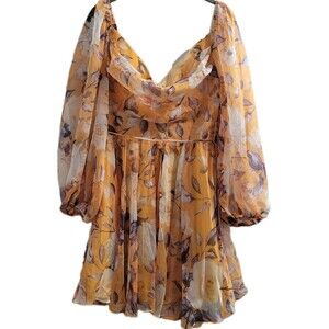 Sage + Paige Sugar & Spice Mini Dress Yellow Floral Puff Sleeve Babydoll Boho M